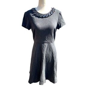 ELIZA J. Charcoal Gray Fit & Flare Mini Dress Jeweled Embellished Neckline Sz 6